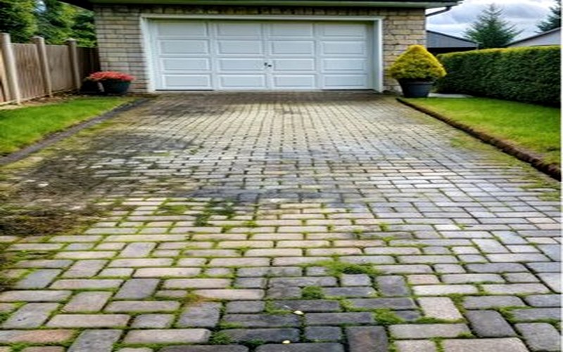 Mossy paver driveway before power washing