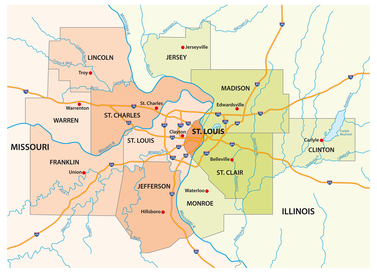 St. Louis Metro Area service map showing Missouri and Illinois counties